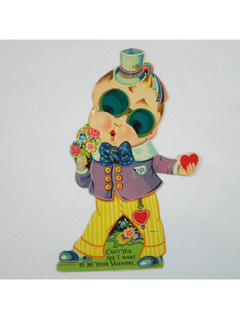 Vintage Valentine Card Mechanical XL Boy Moving Eyes Arm Stand Up Germany 20-30s